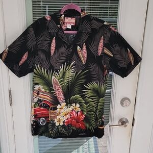RJC Vintage Black Hawaiian Shirt with Surfboard and Floral Print Cotton Sz M